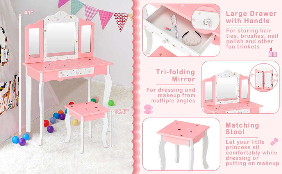 Kids Princess Vanity Table and Stool Set with Tri-folding Mirror and Drawer
